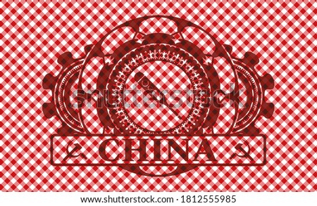 digital thermometer icon and China text red checkered tablecloth realistic badge. Restaurant fashionable background. Intense illustration. 