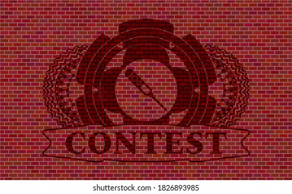digital thermometer icon and Contest text red brick stone wall badge. Tiles fashionable background. Artistic illustration. 