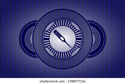 digital thermometer icon inside Blue emblem. Bars fancy background. Vector illustration. 