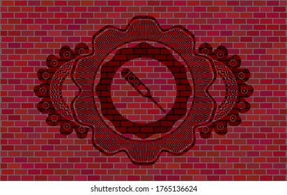 digital thermometer icon inside brick stone wall realistic badge. Tiles delicate background. Artistic illustration. 