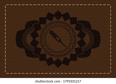 icono digital termómetro dentro del emblema realista de cuero marrón. Fondo clásico de la cartera. Ilustración. 