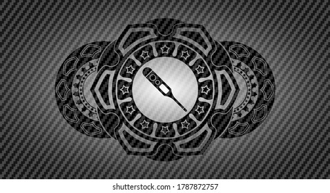 digital thermometer icon inside carbon fiber realistic badge. Polymer texture fashionable background. Artistic illustration. 