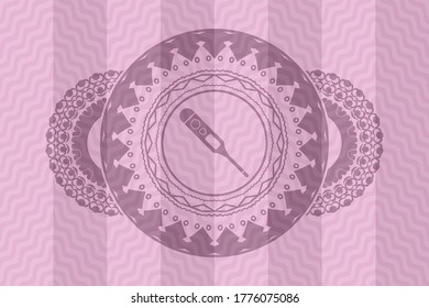 digital thermometer icon inside pink wavy badge. Curve fancy background. Intense illustration. 