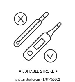 Icono digital del termómetro. El mercurio antiguo y el moderno dispositivo digital de medición de la temperatura corporal comparan el pictograma lineal. Comprobación de los síntomas del virus e ilustración de seguridad sanitaria. Vector de trazo editable