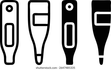 Digital Thermometer Icon Set – Black and White Medical Temperature Symbol Vector Illustration