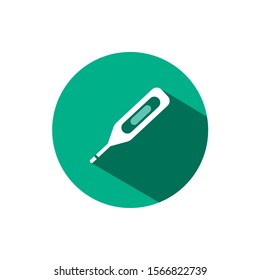 Digital thermometer icon with shadow on a green circle. Vector pharmacy illustration
