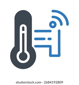 Digital thermometer icon with wireless signal waves, representing smart home temperature monitoring and control.