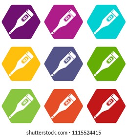 Digital thermometer icons 9 set coloful isolated on white for web