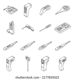 Digital thermometer icons set. Isometric set of digital thermometer vector icons thin line outline on white isolated