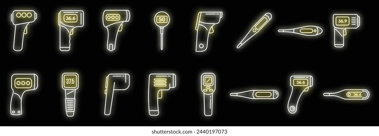 Los iconos de termómetro digital establecen el vector de contorno. Medicina digital. Color de neón de cuidado electrónico aislado
