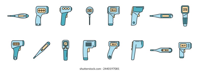 Los iconos de termómetro digital establecen el vector de contorno. Medicina digital. Cuidado electrónico de línea fina de color plana aislada