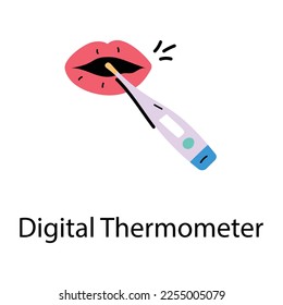 Digital thermometer inside mouth, hand drawn icon 