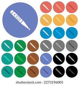 Digital thermometer multi colored flat icons on round backgrounds. Included white, light and dark icon variations for hover and active status effects, and bonus shades.