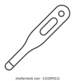 Digital thermometer thin line icon, medical and health, medical thermometer sign, vector graphics, a linear pattern on a white background, eps 10.