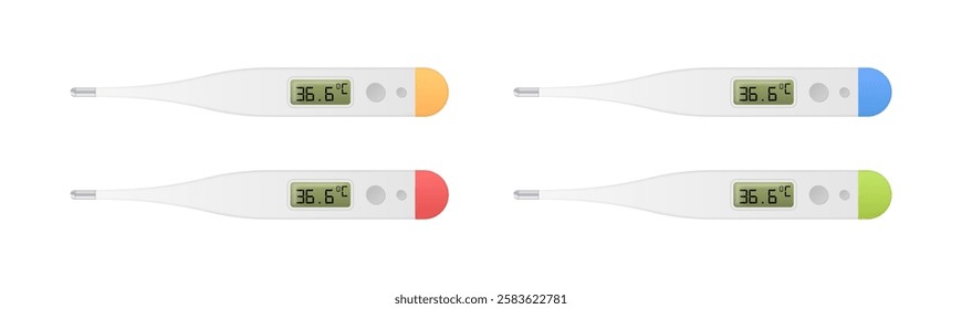 Digital thermometers with color variations displaying 36.6 degrees celsius. Vector icon