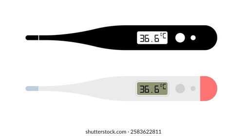 Digital thermometers displaying 36.6°c in black and white designs. Vector icon