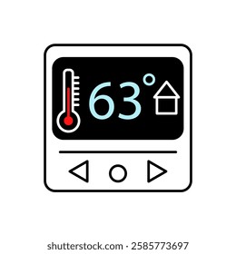 The digital thermostat displays a temperature of 63 degrees. Below the display, there are three buttons, a left arrow, a circle, and a right arrow, which are used to adjust the settings.