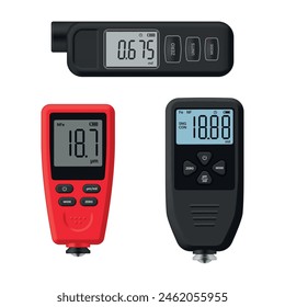 Digitales Dickenmessgerät Ultraschall tragbare Messgeräte rot und schwarz setzen realistische Vektorillustration. Genauigkeitsingenieur industrielle elektronische Bauteiltechnologie für die Messung