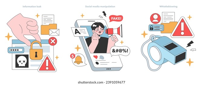Digital Threats set. Information leak with a security breach, deceitful social media misinformation, and a bold act of whistleblowing. Contemporary dangers in the online era. Flat vector illustration