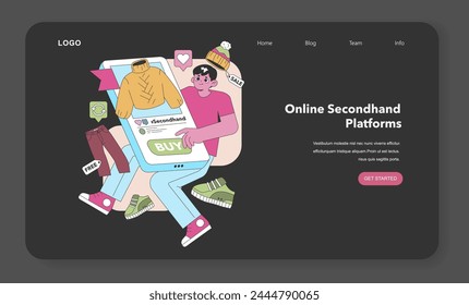 Digital thrift shopping. An enthusiastic buyer clicks 'buy' on a secondhand fashion item, enjoying the convenience of online platforms for sustainable purchases. Vector illustration.