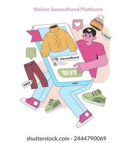 Digital thrift shopping. An enthusiastic buyer clicks 'buy' on a secondhand fashion item, enjoying the convenience of online platforms for sustainable purchases. Vector illustration.