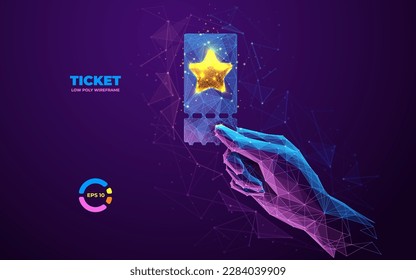 Digital Ticket in hand. Abstract Voucher with golden star. Technology Coupon in hand of person. Futuristic 3d vector illustration in polygons, lines and connected dots. Blue purple futuristic graphics