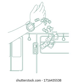 Ilustración vectorial del concepto de servicio de boletos digitales. e-pay de transporte público, persona usando personaje de caricatura de relojes inteligentes 2D para diseño web. Idea creativa de terminal de billetes electrónicos