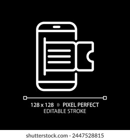 Digital tickets pixel perfect white linear icon for dark theme. Online booking. Web reservations, virtual scheduling. Thin line illustration. Isolated symbol for night mode. Editable stroke