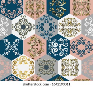 Digital tiles design. Colorful ceramic wall tiles decoration. Vector seamless pattern. Azulejo. Tile template