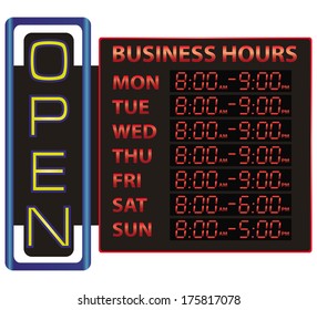 Digital time display of business with an inscription open. Vector illustration.