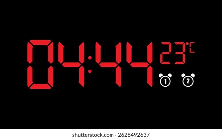 Tela de tempo digital com numerais vermelhos no fundo preto com tempo 04:44, temperatura 23�C e dois ícones de relógio de alarme