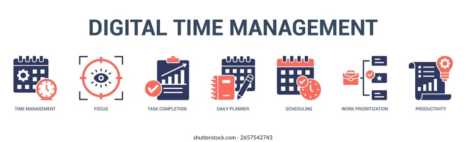 Digitales Zeitmanagement Moderne und saubere Web-Banner-Illustration mit thematischen Symbolen für visuelle Kommunikation