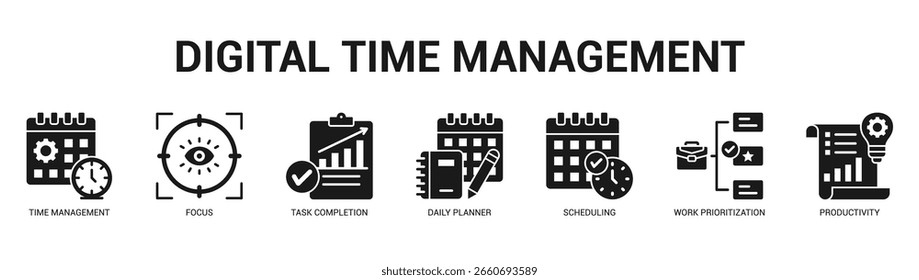 Digital Time Management Ilustração moderna e limpa de banner da Web com ícones temáticos para comunicação visual