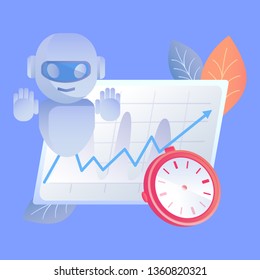 Digital Time Manager Flat Vector Illustration. Time Management Assistance, Workflow Optimization Help. Smart Computer Program for Schedule Planning, Productivity Increase. Robot, Stopwatch and Chart