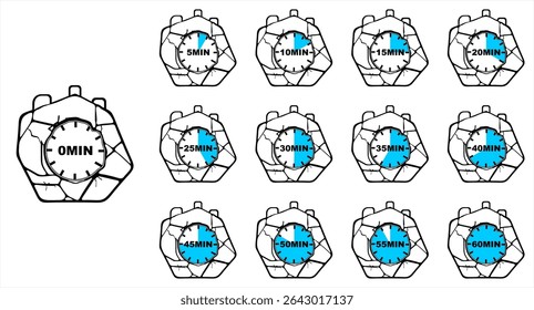 Digital Timer Icons Set Interval Countdown from 0 to 60 Minutes, Workout Interval Timer, Flat Style Countdown Timer Illustration, Minute Progress Clock, stone textured and cracked watch