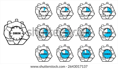Digital Timer Icons Set Interval Countdown from 0 to 60 Minutes, Workout Interval Timer, Flat Style Countdown Timer Illustration, Minute Progress Clock, stone textured and cracked watch