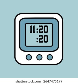 Temporizador digital ou cronômetro com um visor limpo mostrando a hora, colocado sobre um fundo azul. Design simples e moderno que representa gerenciamento de tempo, contagem regressiva e precisão