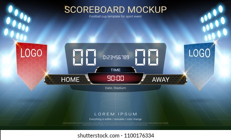 Digital timing scoreboard, Football match team A vs team B, Strategy broadcast graphic template for presentation score or game results display (EPS10 vector fully editable, resizable and color change)