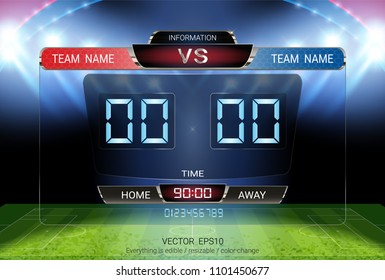 Digital Timing Scoreboard, Football Match Team A Vs Team B, Strategy Broadcast Graphic Template For Presentation Score Or Game Results Display (EPS10 Vector Fully Editable, Resizable And Color Change)