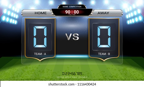 Digital timing scoreboard, Football match team A vs team B, Strategy broadcast graphic template for presentation score or game results display (EPS10 vector fully editable, resizable and color change)