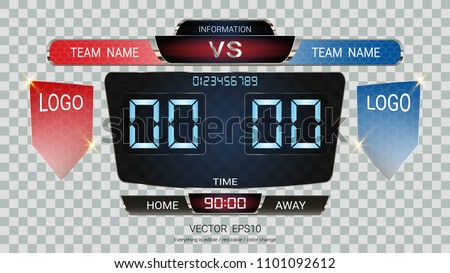 Digital timing scoreboard, Football match team A vs team B, Strategy broadcast graphic template for presentation score or game results display (EPS10 vector fully editable, resizable and color change)