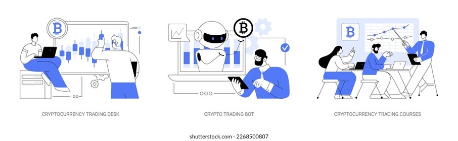 Digital tokens abstract concept vector illustration set. Cryptocurrency trading desk, crypto trading bot, trading courses, bitcoin futures, financial technology, blockchain ICO abstract metaphor.