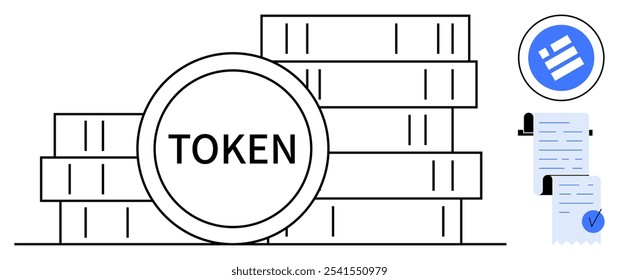 Digital tokens stacked with a prominent token labeled TOKEN in front are visible. Beside them, a circular blue logo and two contracts are seen. Ideal for blockchain, cryptocurrency, digital assets