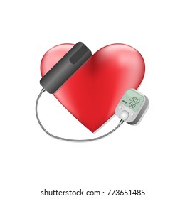 Digital tonometer with red heart Isolated. Arterial blood pressure checking concept. Vector realistic Illustration.