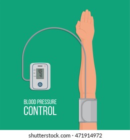 Digital tonometer who is put on an arm. The device measures arterial pressure at the person. Prophylaxis of hypertensive and atonic diseases. Pulse control. A vectorial illustration in flat style.