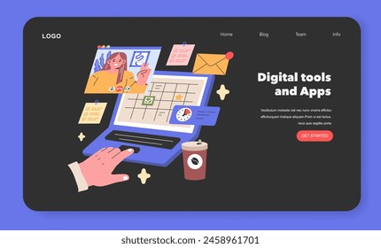 Digital Tools and Apps illustration A modern professional navigates workflow using digital tools, keeping tasks organized and time managed with a virtual calendar Vector illustration