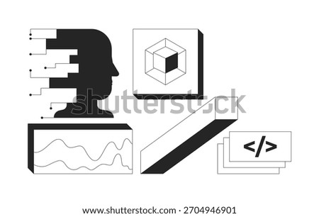 Digital tools and artificial intelligence 2D line objects set. Cognitive circuit lines, code. Data, web development isolated cliparts vector ink outline items. Monochrome spot illustrations collection