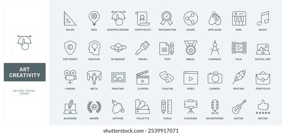 Digital tools to create and share video and text, music film, and graphic design thin black outline symbols vector illustration. Artwork project, creative art idea generation line icons set.