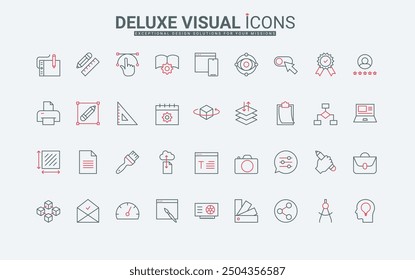 Digital tools for graphic design and art ideas, typography line icons set. Artwork portfolio and color palette, brush and pen of editing program thin black and red outline symbols vector illustration