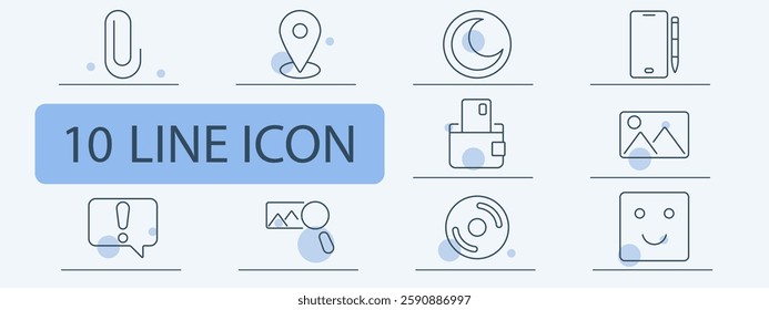 Digital tools set icon. Paperclip, location pin, moon, digital pen, smartphone wallet, image, warning message, user presentation, compact disc, emoticon.